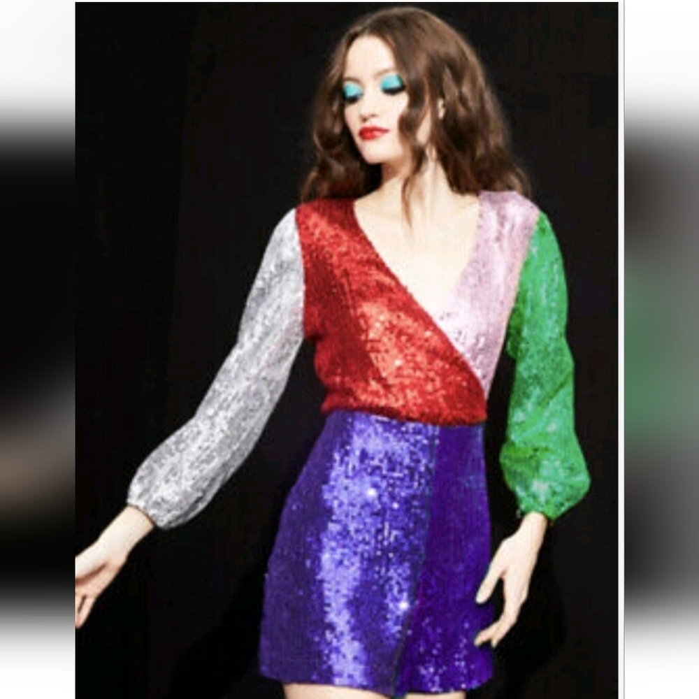 Alice + Olivia Blaze Sequin Color Block Mini Dress Size 6 NWT $ 440 - Picture 6 of 16